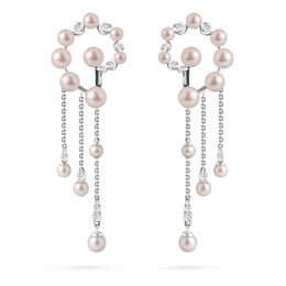Серьги в белом золоте с сапфирами и мелкими подвесными жемчужинами 3-4 мм