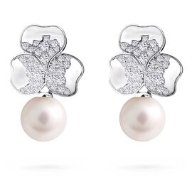 Серьги Трилистник в белом золоте с бриллиантами и съемными жемчужинами 16 мм