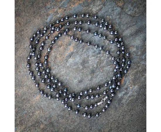 Нить намотка из темного жемчуга 6мм, марказита,бусин Swarovski, в золоте с бесцветными сапфирами (пр.жемчуг 6-6,5 мм, марказит юв.огр 2 мм,бусины Swarovski , Au - 1,39 гр, 14 бесцв.сапфиры)